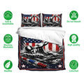 Swimming bedding set shown with swimmer artwork, breathable fabric icons, and care feature details