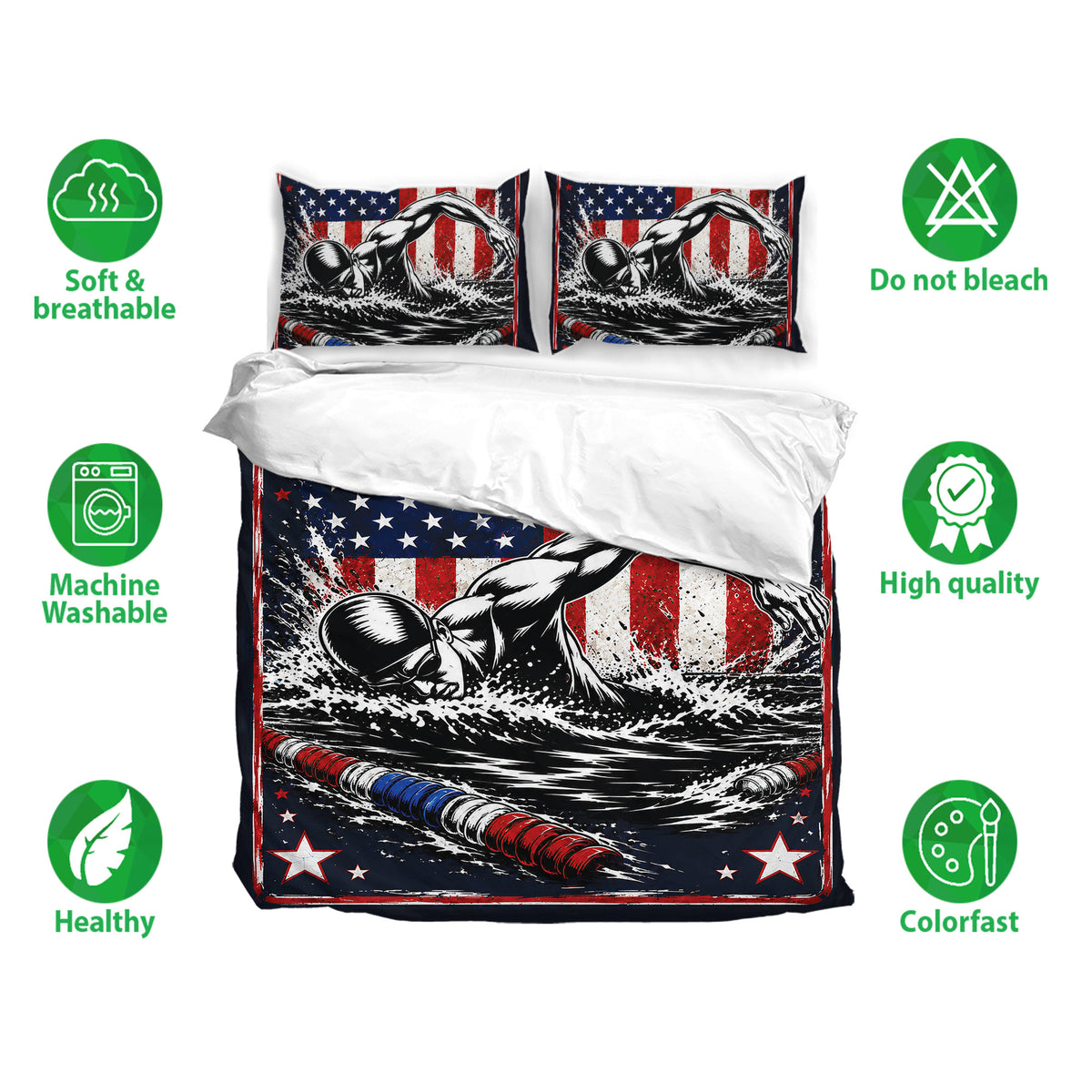 Swimming bedding set shown with swimmer artwork, breathable fabric icons, and care feature details