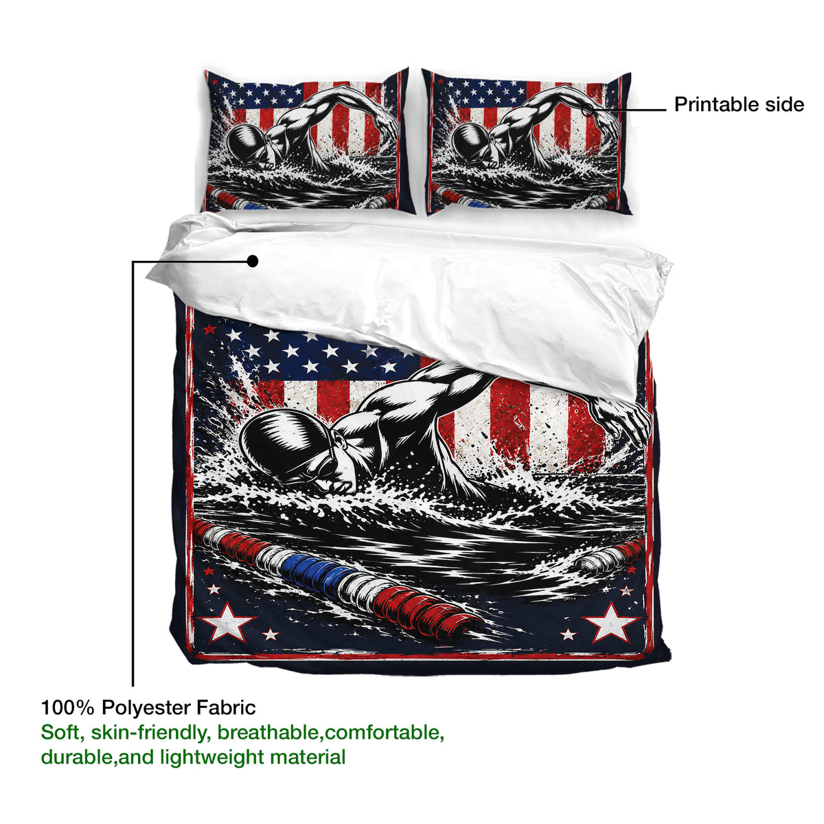 Swimming duvet cover set with swimmer artwork, printable design side, and soft polyester fabric detail
