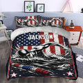 Swimming duvet cover set styled in a bedroom with bold swimmer artwork and red, white, and blue decor