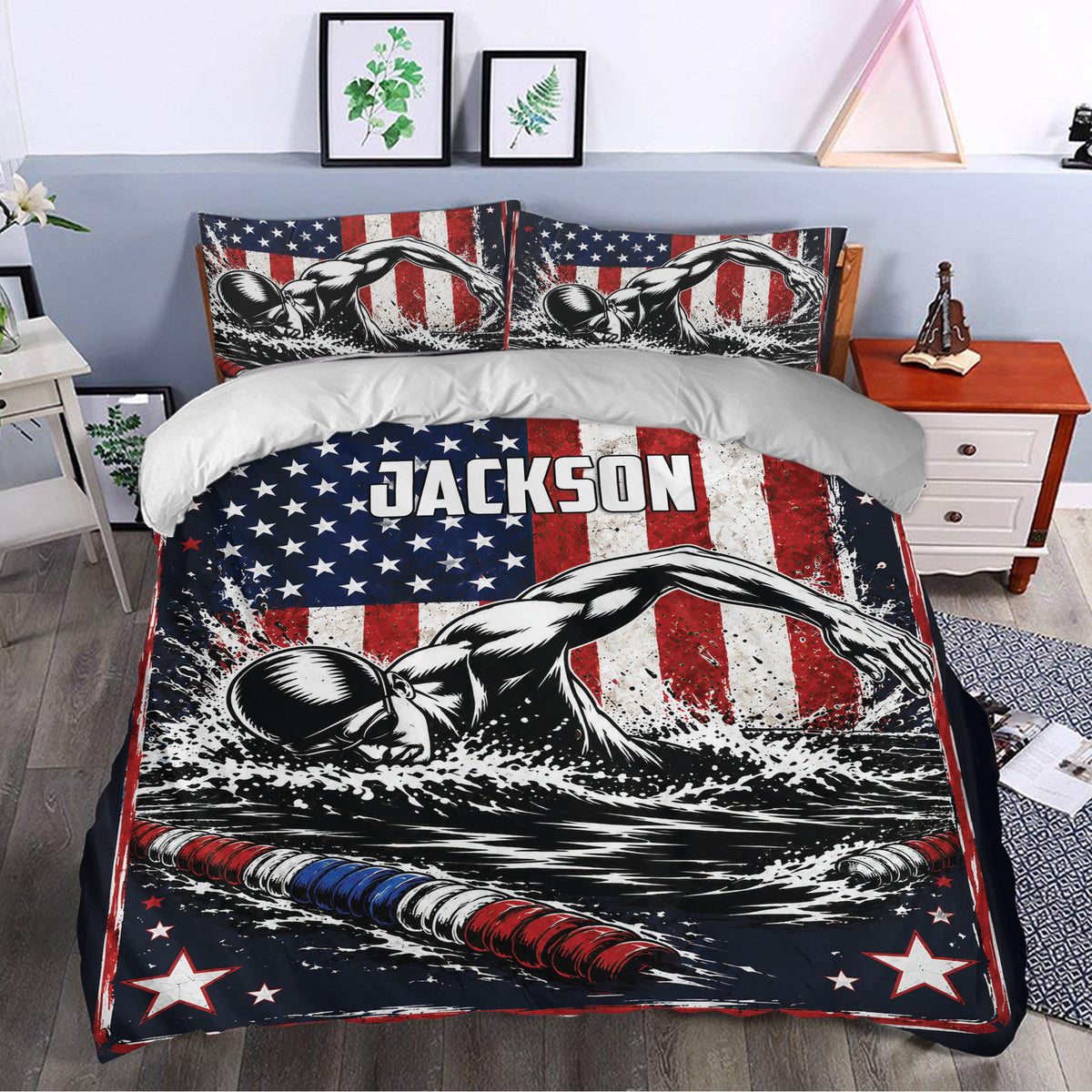 Swimming duvet cover set styled in a bedroom with bold swimmer artwork and red, white, and blue decor