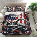 Swimming bedding set displayed in a bright bedroom with patriotic swimmer artwork and matching pillowcases