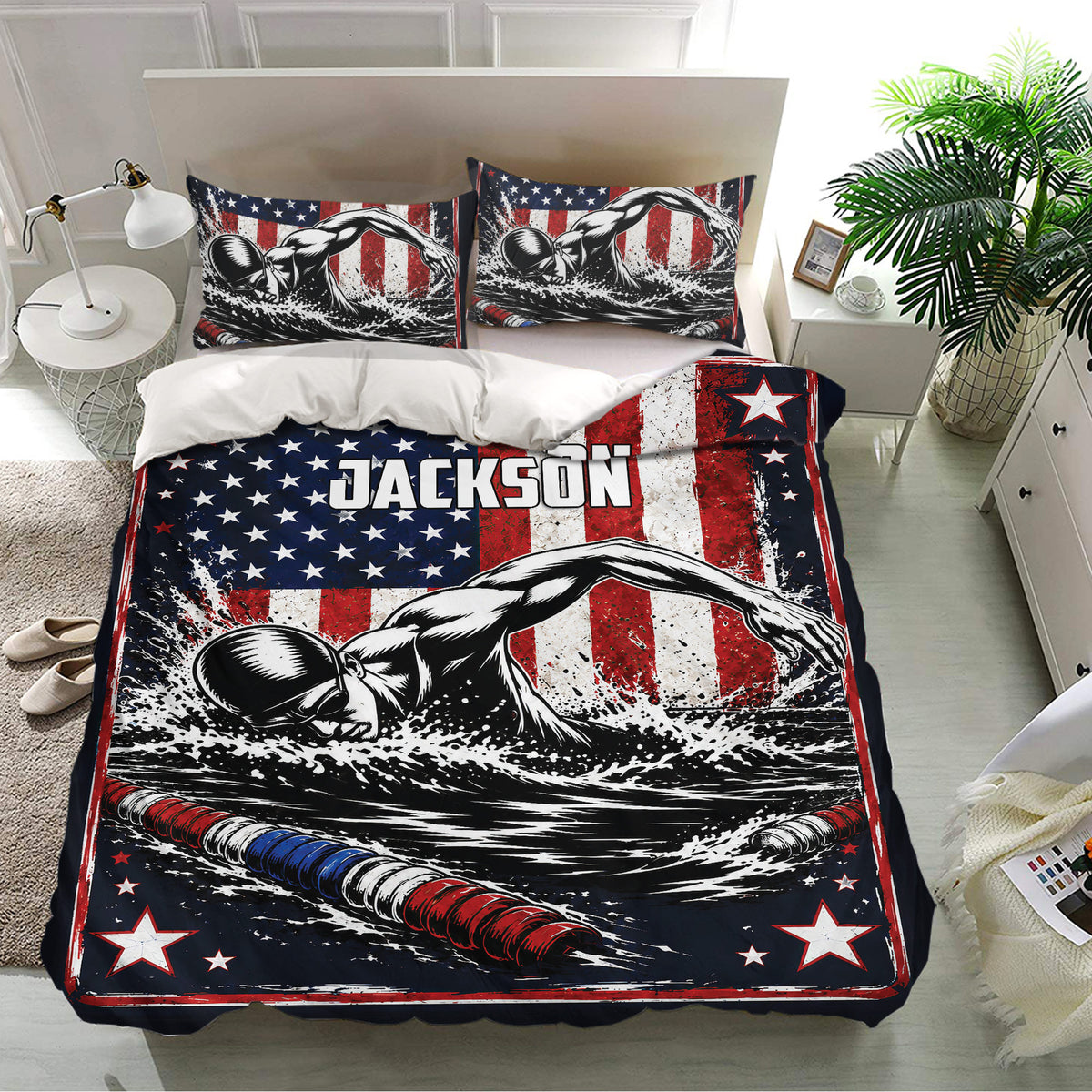 Swimming bedding set displayed in a bright bedroom with patriotic swimmer artwork and matching pillowcases