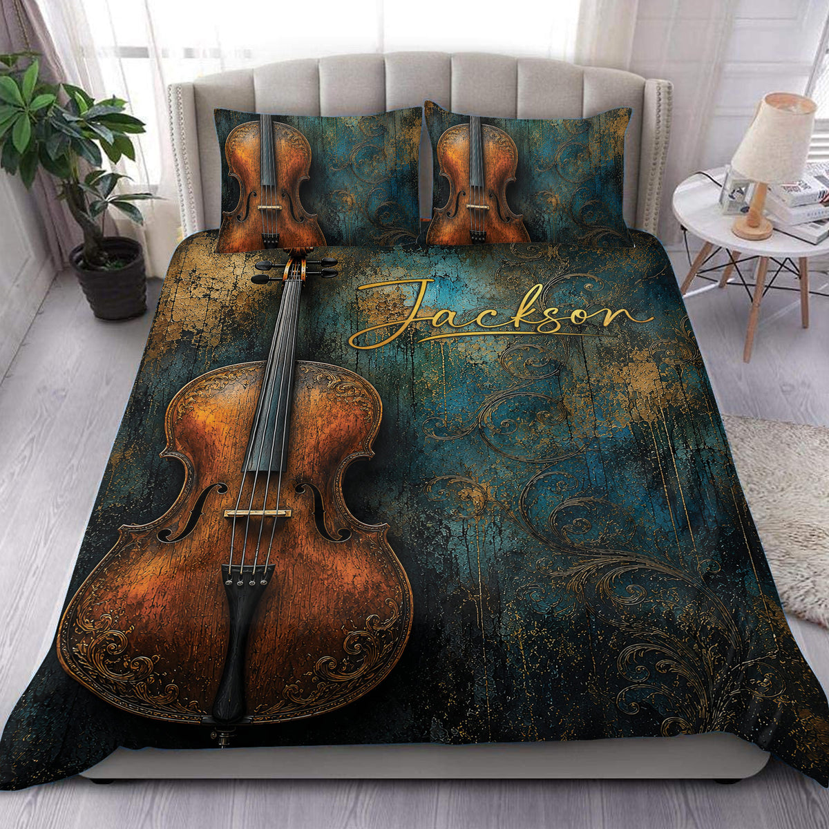 Cello duvet cover bedding set in teal, bronze, and black with ornate vintage-inspired artwork