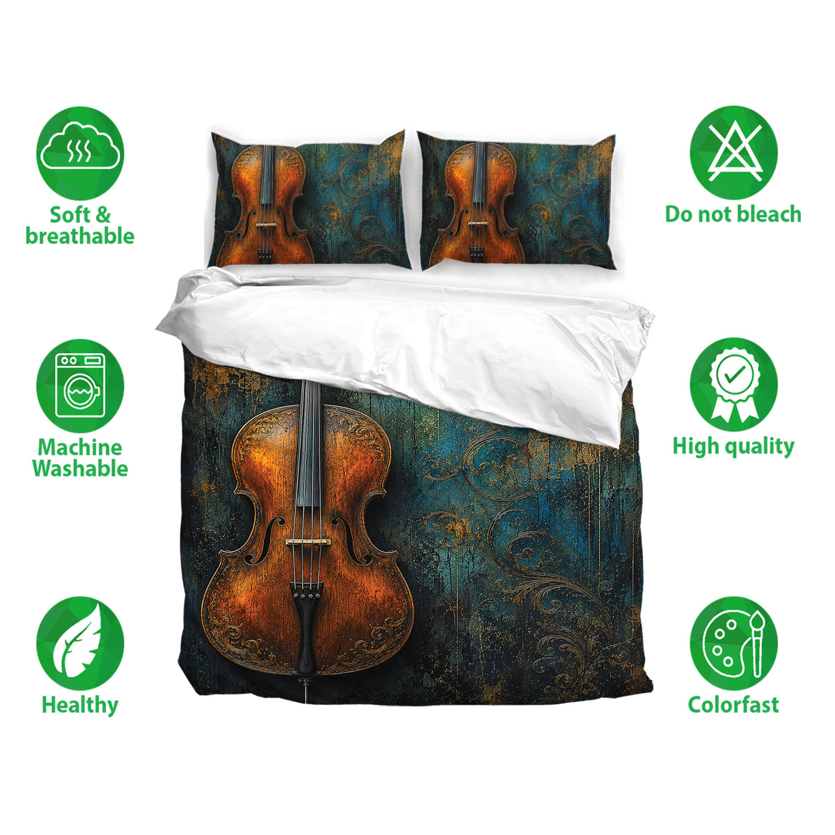 Cello duvet cover set displayed with matching pillowcases and rich teal and bronze instrument artwork