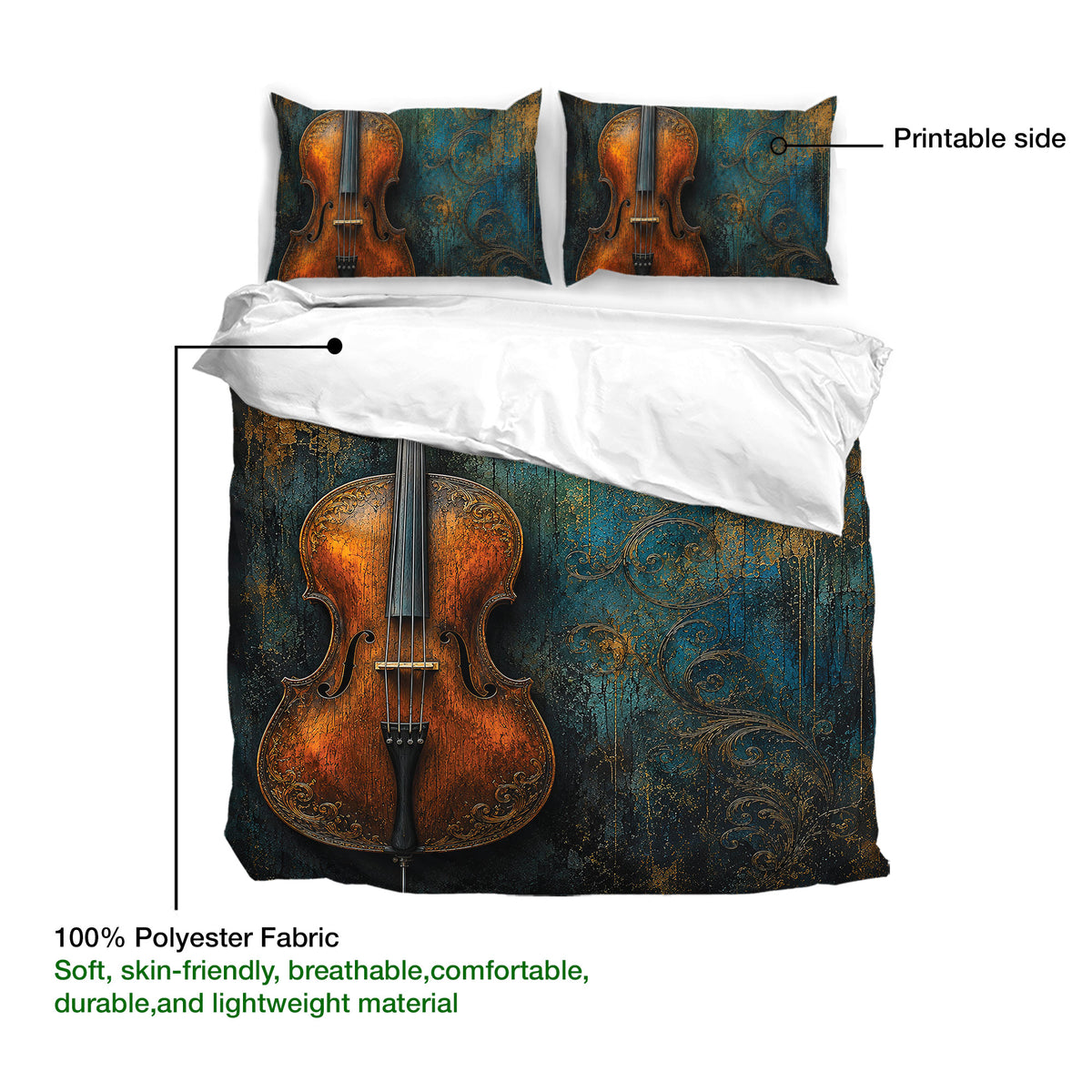 Cello print duvet cover and pillowcases shown with a close view of the ornate musical design