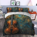 Cello duvet cover bedding set styled in a bedroom with matching pillows and dramatic music decor