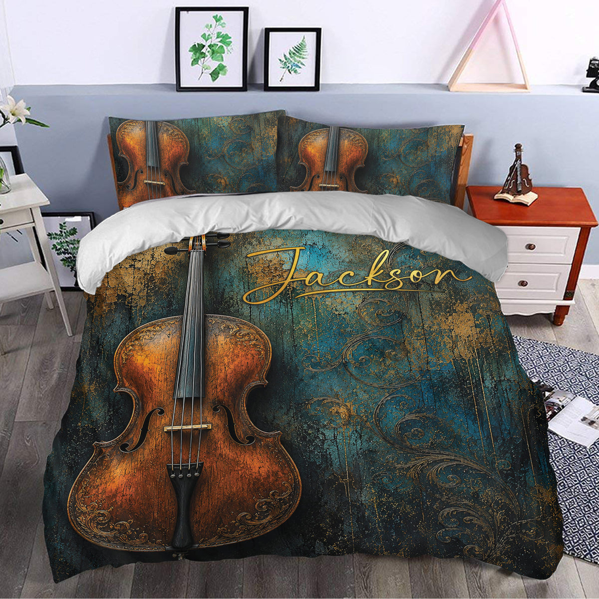 Cello duvet cover bedding set styled in a bedroom with matching pillows and dramatic music decor
