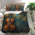 Vintage cello artwork duvet cover set presented in a bright modern bedroom with matching pillowcases