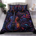 Colorful cello duvet cover bedding set displayed on a bed with ornate floral scrollwork