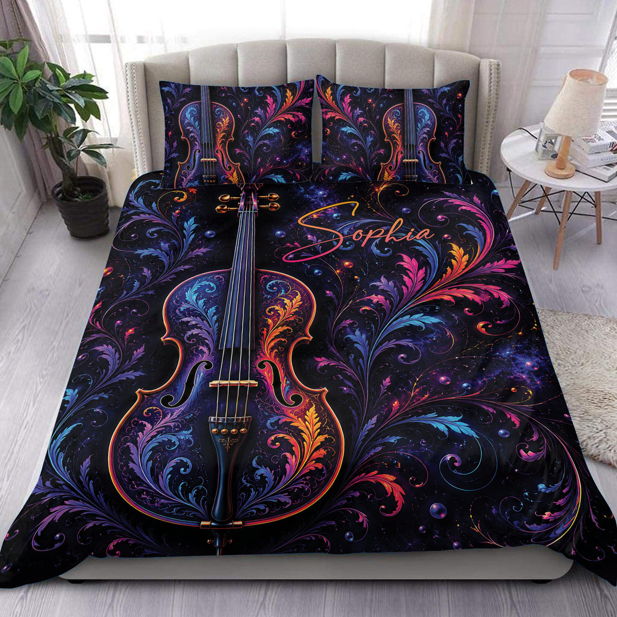Colorful cello duvet cover bedding set displayed on a bed with ornate floral scrollwork