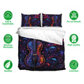 C​​ello duvet cover set shown with matching pillowcases in vivid purple, blue, pink, and orange artwork