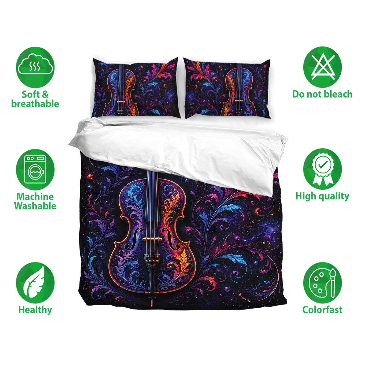C​​ello duvet cover set shown with matching pillowcases in vivid purple, blue, pink, and orange artwork