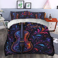 Ornate cello duvet cover styled in a bedroom with vibrant cosmic floral artwork