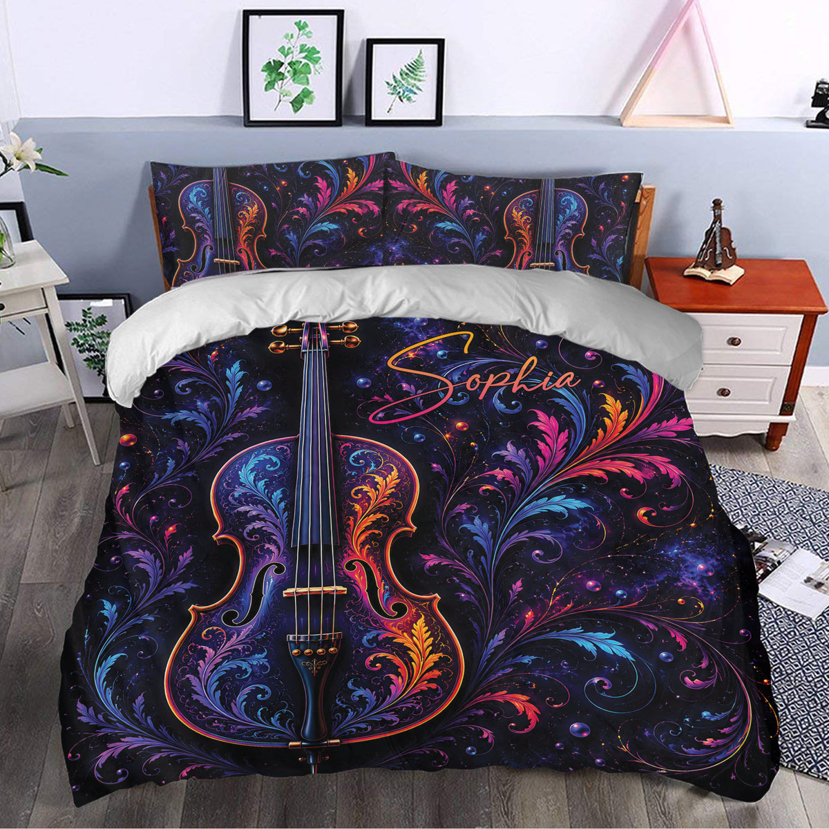 Ornate cello duvet cover styled in a bedroom with vibrant cosmic floral artwork