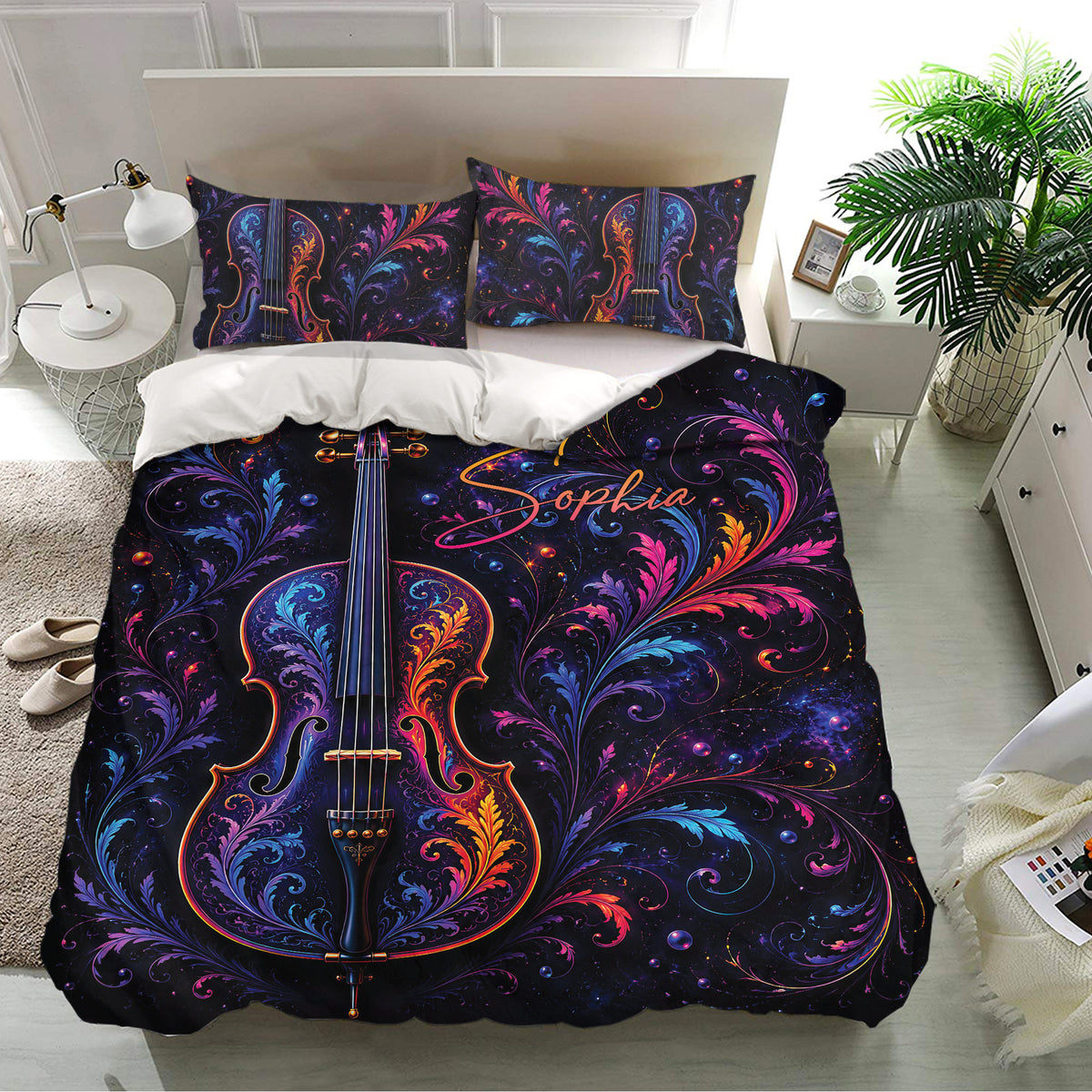 Colorful cello bedding set displayed in a bright bedroom with matching decorative pillowcases