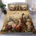 Cello duvet cover set displayed on a bed with vintage floral artwork and rich autumn-inspired colors