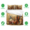 Cello bedding set with floral instrument artwork shown with breathable fabric and care feature icons