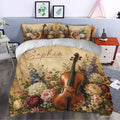 Cello duvet cover styled in a bedroom with vintage flowers, warm tones, and elegant music decor