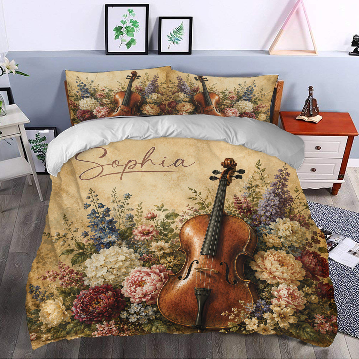 Cello duvet cover styled in a bedroom with vintage flowers, warm tones, and elegant music decor