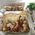 Cello bedding set presented in a bright bedroom with floral instrument artwork and matching pillowcases