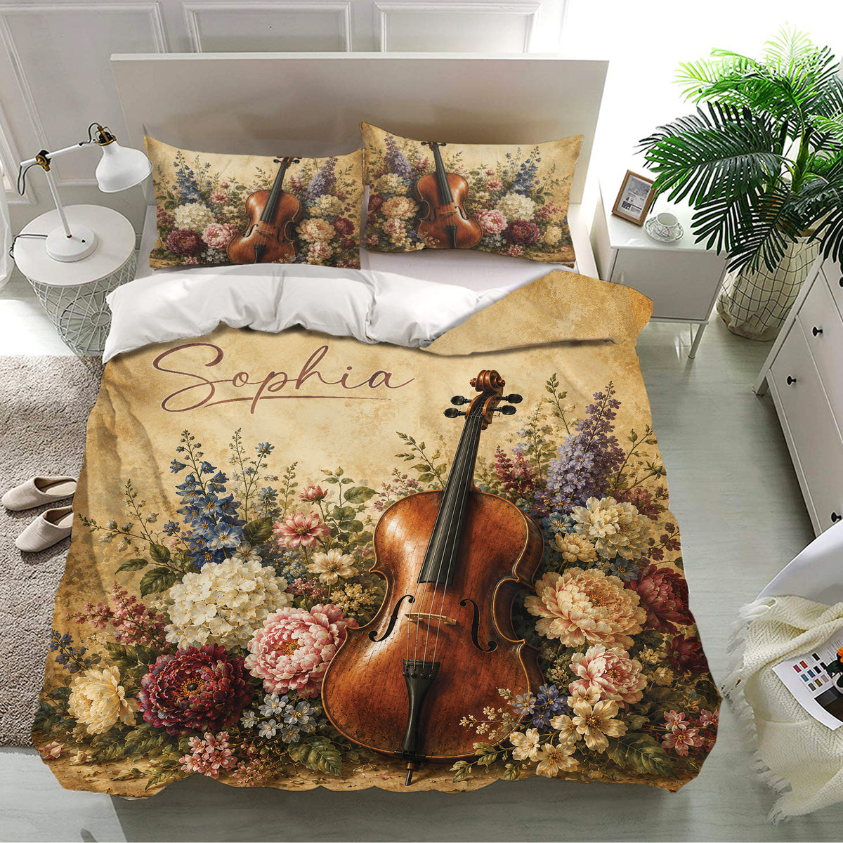 Cello bedding set presented in a bright bedroom with floral instrument artwork and matching pillowcases