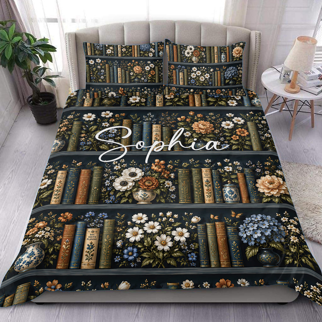 Book-themed duvet cover set with vintage books, blue florals, and ornate botanical details in a bedroom