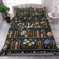 Book-themed duvet cover set with vintage books, blue florals, and ornate botanical details in a bedroom