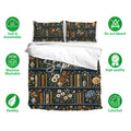 Book and floral duvet cover bedding set displayed with matching pillowcases and soft breathable fabric icons