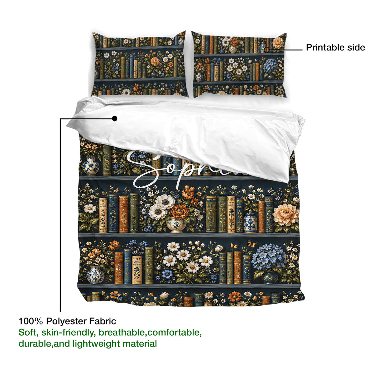 Close view of bookcase and floral duvet cover design with fabric detail callout