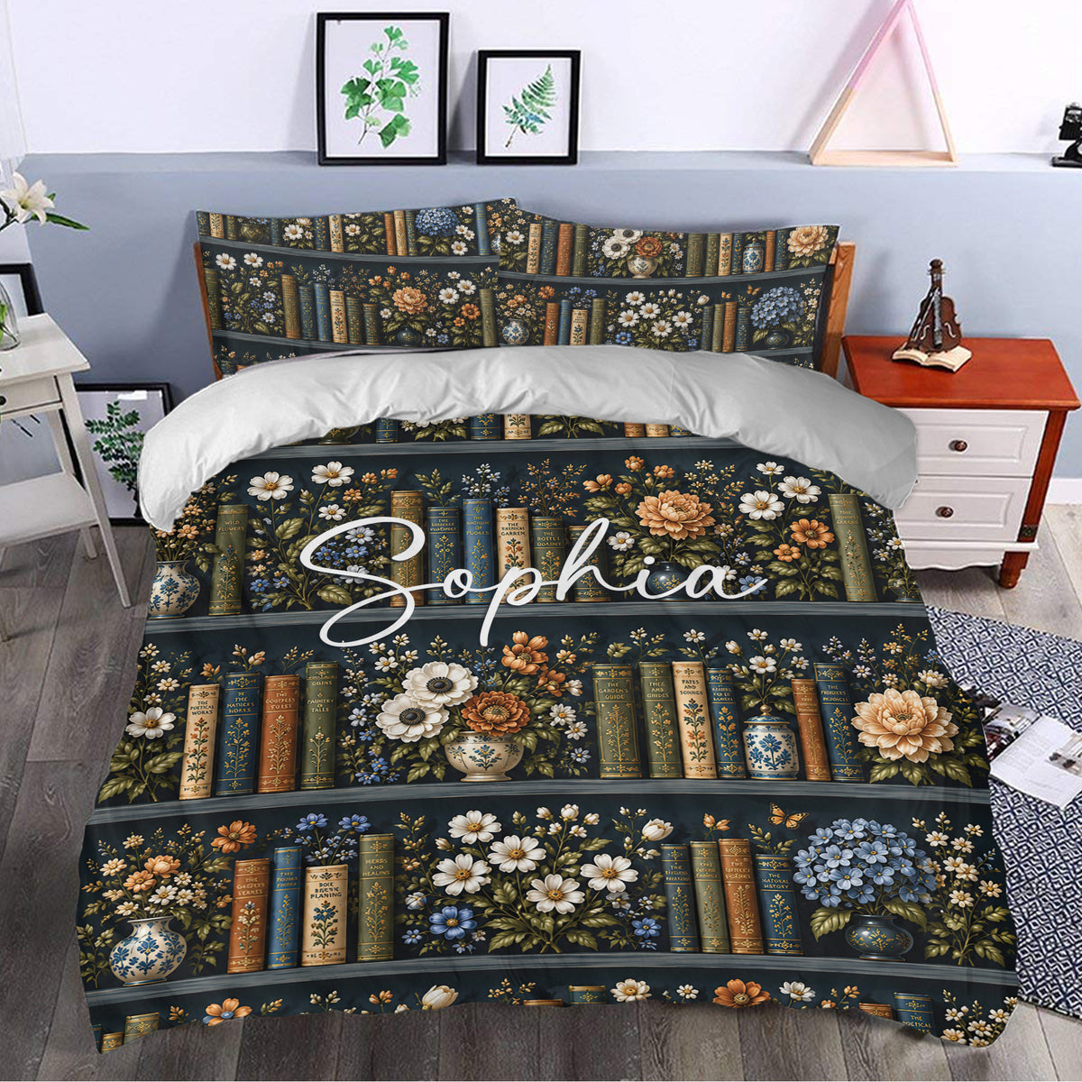 Literary floral duvet cover set styled in a bedroom with vintage books, flowers, and elegant botanical accents