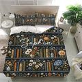 Dark blue book-themed bedding set with floral shelves, decorative vases, and matching pillowcases