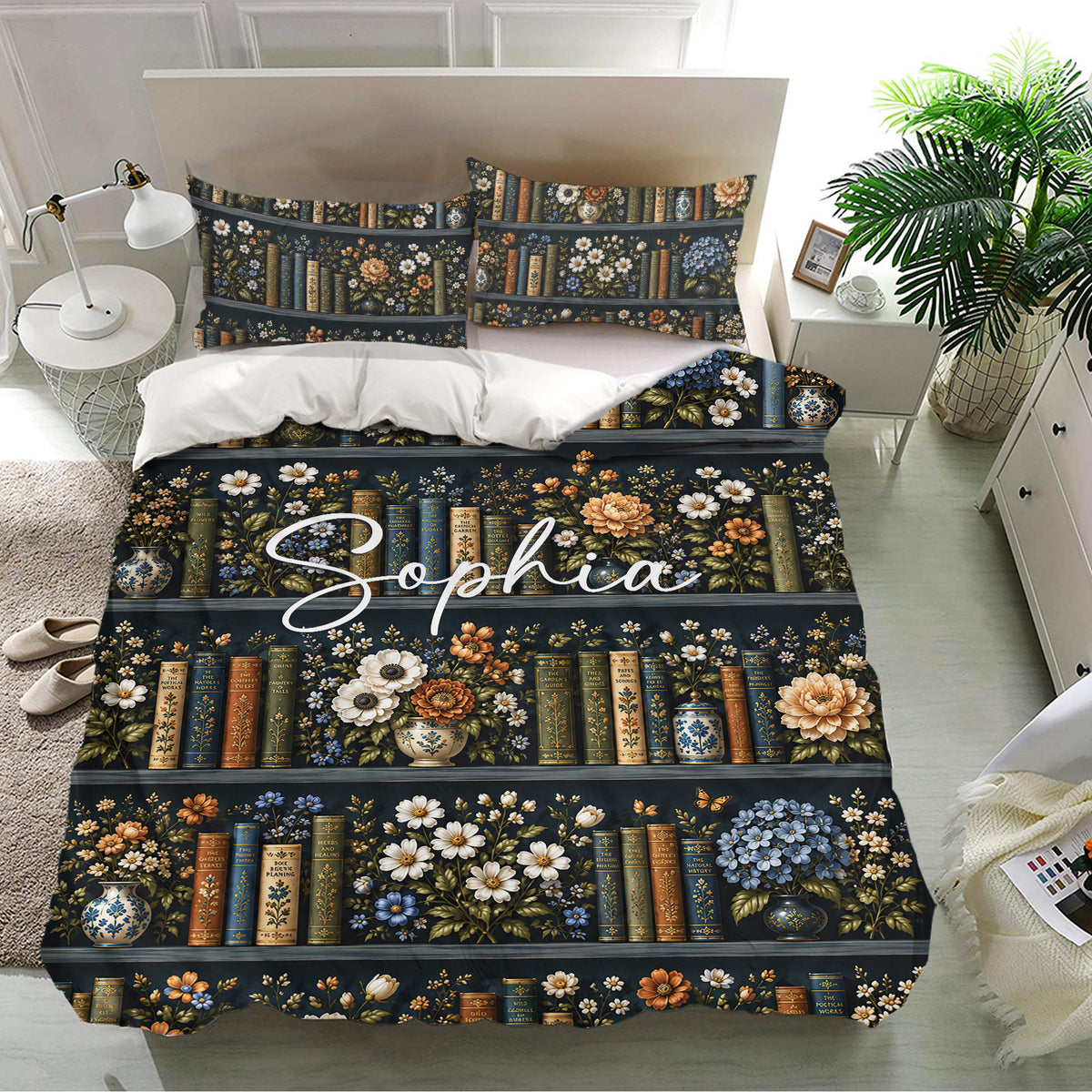 Dark blue book-themed bedding set with floral shelves, decorative vases, and matching pillowcases