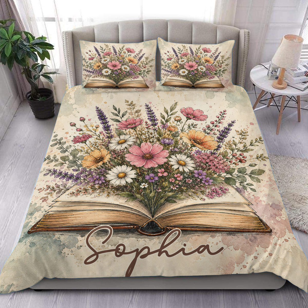 Book-themed duvet cover set with a colorful floral bouquet emerging from an open book in a cozy bedroom