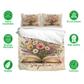 Floral open-book duvet cover bedding set displayed with matching pillowcases and care feature icons