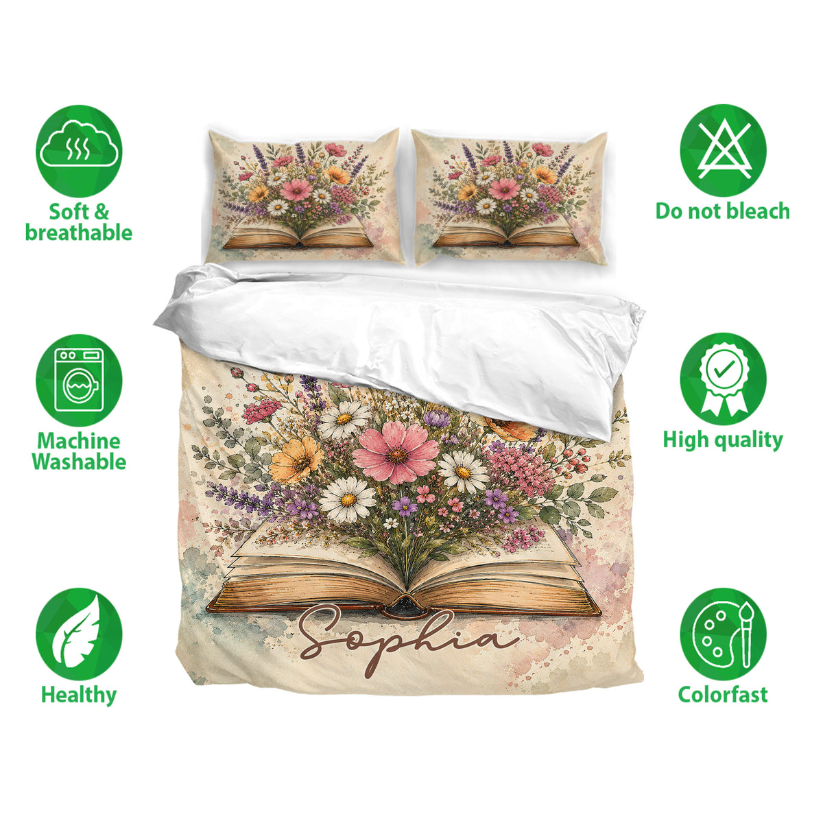 Floral open-book duvet cover bedding set displayed with matching pillowcases and care feature icons