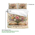Book and flower duvet cover set showing the printed side, soft fabric presentation, and matching pillowcases