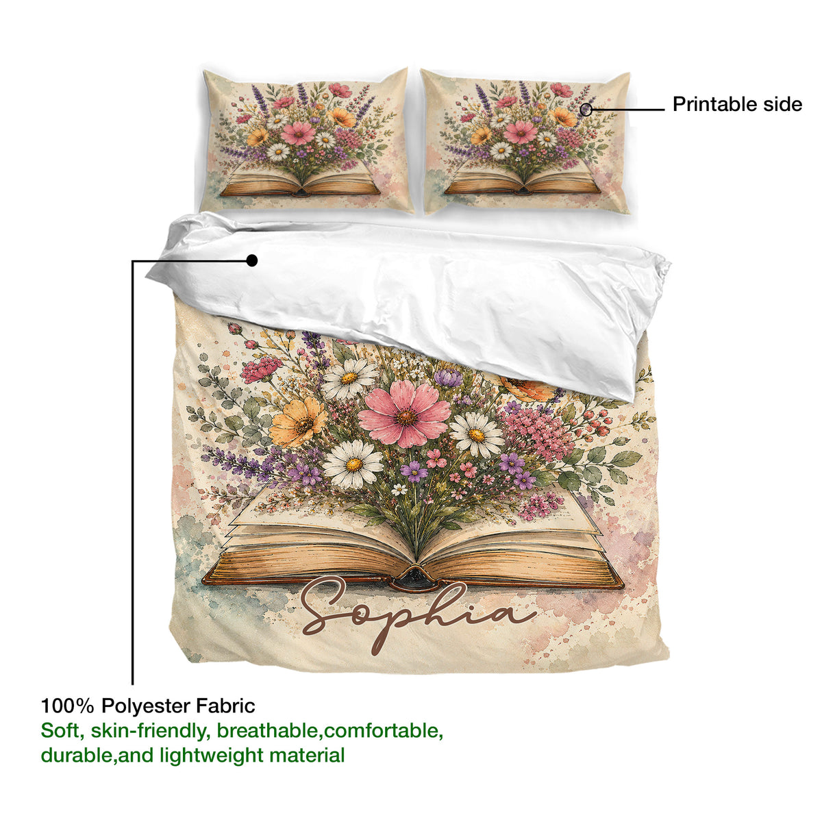 Book and flower duvet cover set showing the printed side, soft fabric presentation, and matching pillowcases