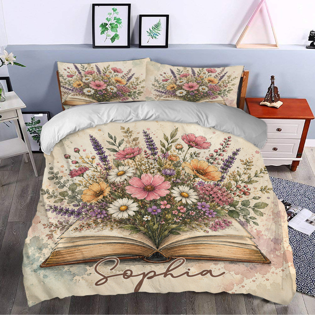Floral book duvet cover styled in a bright bedroom with botanical wall art and coordinated decor