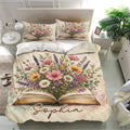 Open book and wildflower duvet cover bedding set presented in a bright modern bedroom