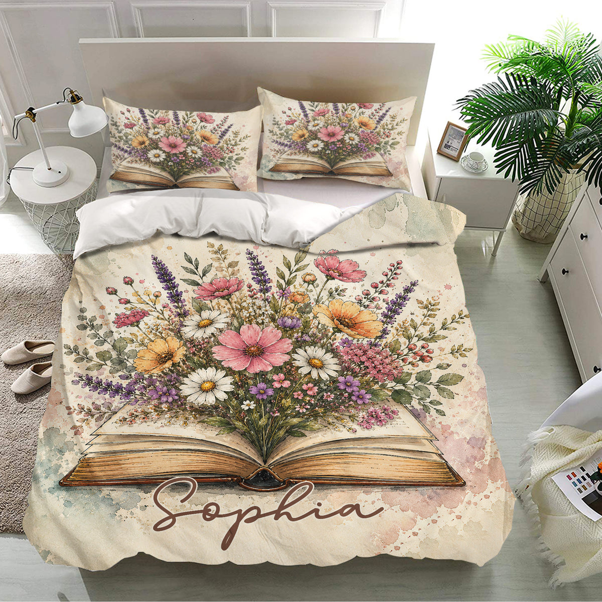 Open book and wildflower duvet cover bedding set presented in a bright modern bedroom