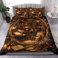 Book-themed duvet cover set displayed on a bed with a cozy library, bookshelves, flowers, and warm lantern lighting