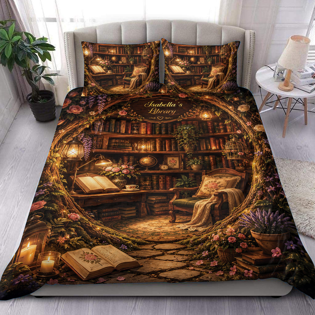 Book-themed duvet cover set displayed on a bed with a cozy library, bookshelves, flowers, and warm lantern lighting