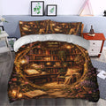 Cozy book library duvet cover set styled in a bedroom with bookshelves, reading chair, flowers, and warm brown tones