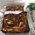 Literary library duvet cover set displayed in a bright bedroom with matching book-themed pillowcases and rich artwork