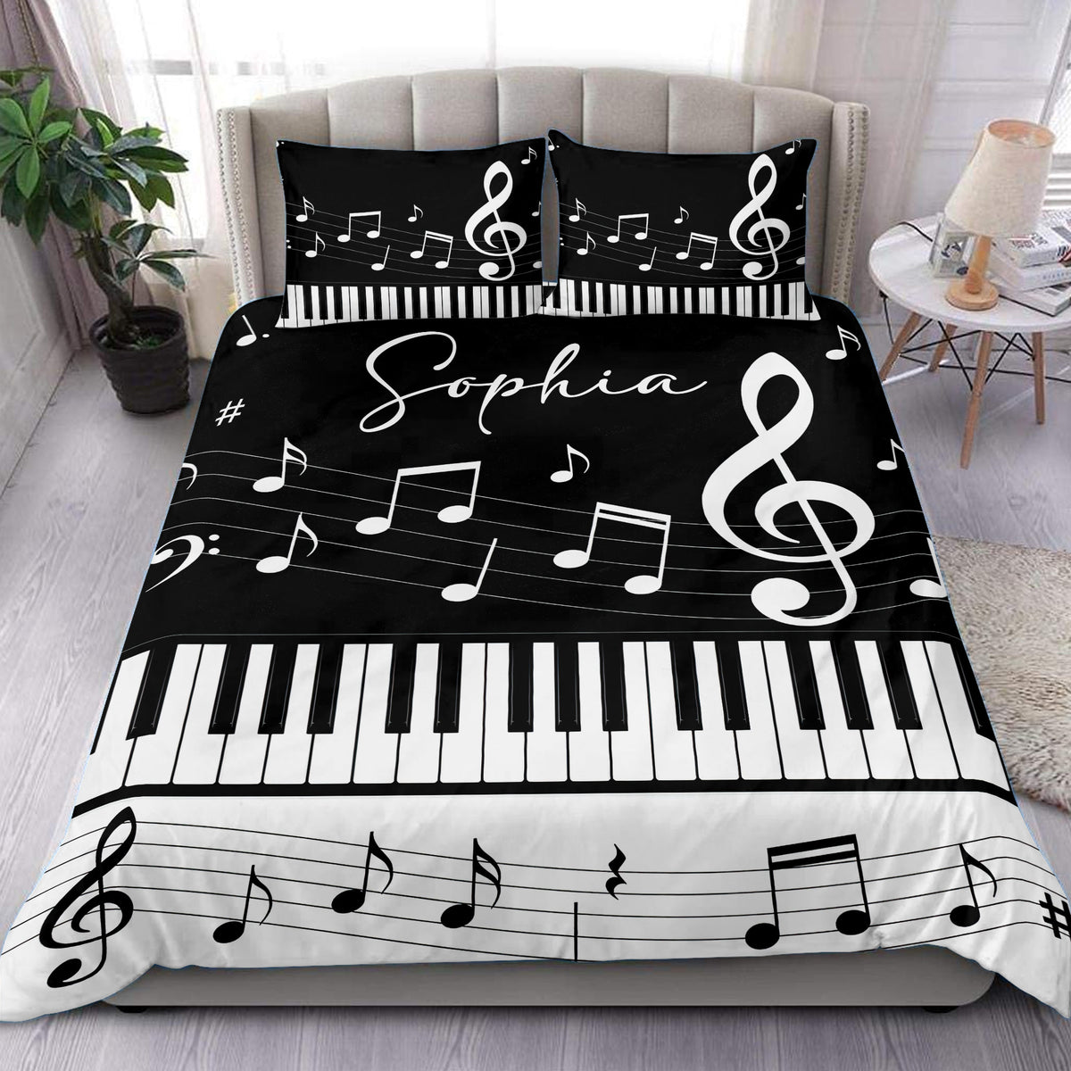 Black and white piano duvet cover set with musical notes, treble clefs, and keyboard keys