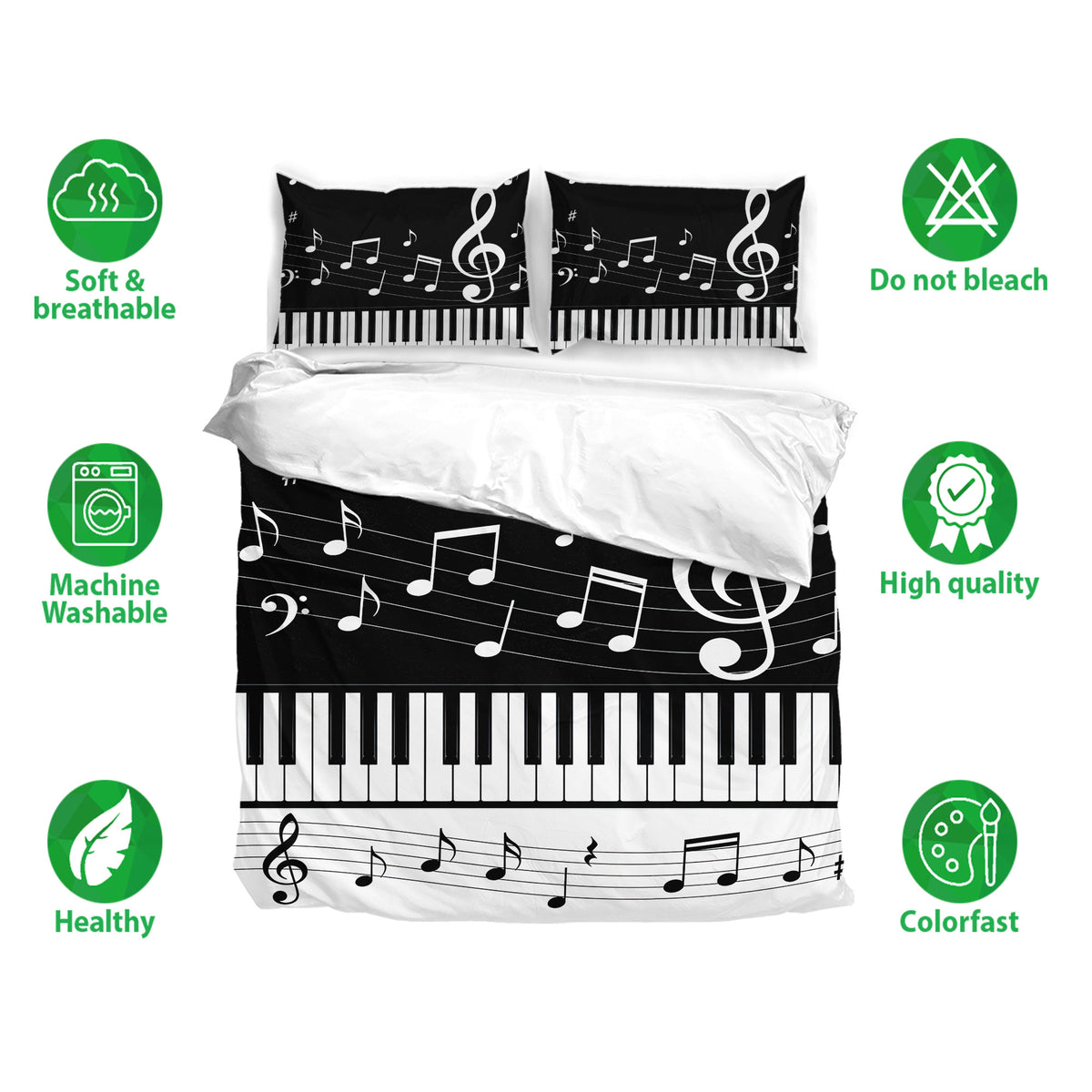 Piano bedding set displayed with musical notes and keyboard keys in a black and white design