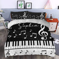 Piano duvet cover set styled in a bedroom with bold keyboard keys and musical note artwork
