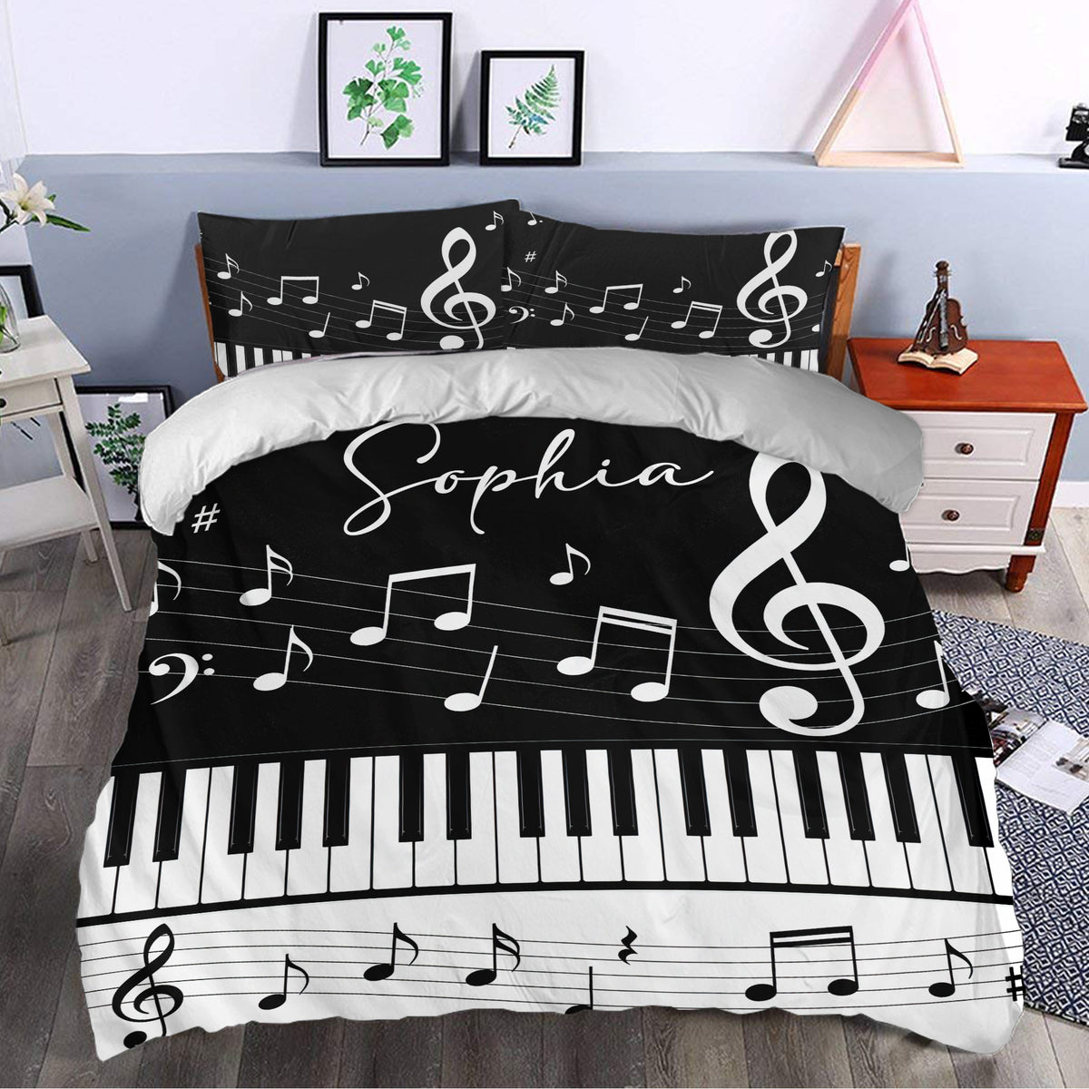 Piano duvet cover set styled in a bedroom with bold keyboard keys and musical note artwork
