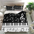 Black piano bedding set with treble clefs, musical staff lines, notes, and keyboard keys